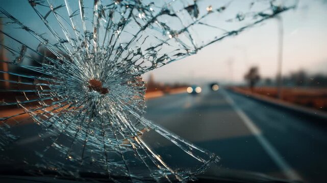 Broken car windshield visible from the driver's seat after an accident on a highway during early morning hours in a calm environment