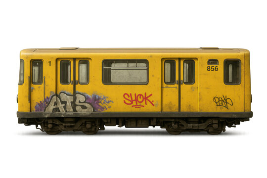 Yellow subway train car with urban graffiti, showing public transport, underground system, and city culture on transparent background
