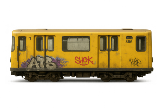 Yellow subway train car with urban graffiti, showing public transport, underground system, and city culture on transparent background - Powered by Adobe