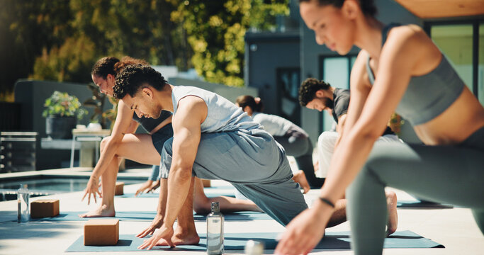 Yoga class, stretching and people outdoor with fitness for recovery exercise, mobility and wellness. Group, aerobics training and lunge in health club for balance, flexibility and holistic retreat.