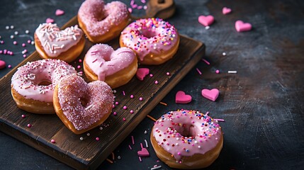 Assorted donuts with pink frosting and heart shapes arranged on a wooden board top