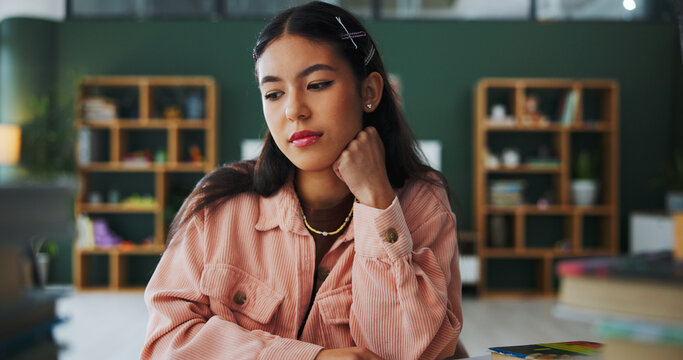 Planning, thinking and woman with ideas, college student and contemplation for assignment. Home, university and person with decision, problem solving and phd research with choice, creative and memory