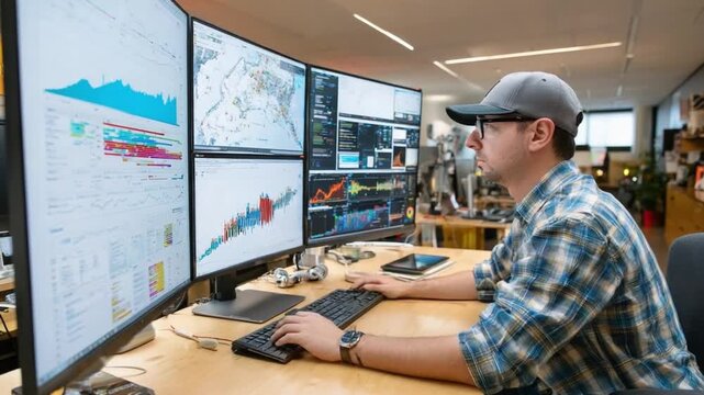 Data Analyst at Work: An analyst, intently focused, navigates complex data visualizations across multiple monitors, representing innovation and a data-driven approach.