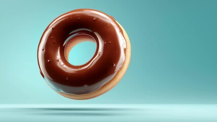 Indulge in sweet chocolate donut, round pastry with glossy glaze, perfect for dessert lovers seeking delicious food against light blue backdrop