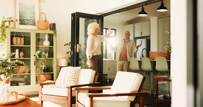 Fight, frustrated and divorce with old couple in home for toxic relationship, argument and crisis. Marriage conflict, break up and disagreement with senior man and woman in apartment for affair - Powered by Adobe