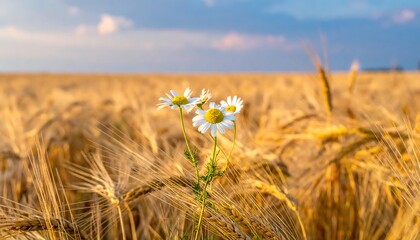 Daisies in a golden wheat field under a blue sky.