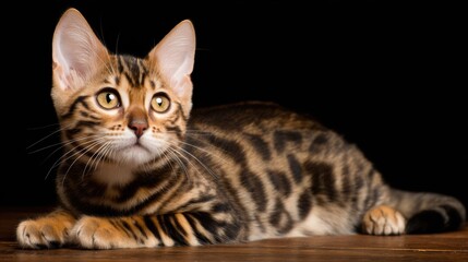 Obraz premium Bengal Kitten Lays Gracefully on Wooden Floor, Showcasing Vibrant Coat and Playful Demeanor in a Cozy Indoor Setting