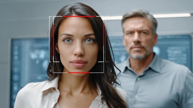 Facial Recognition Technology: A focused gaze of a woman, with the face is being detected by the technology, showcasing the cutting-edge of the technological process. - Powered by Adobe
