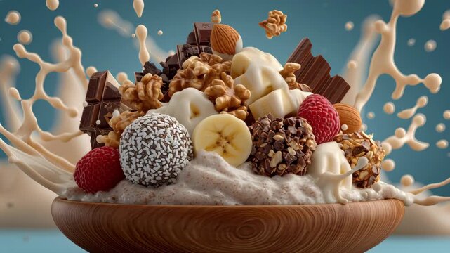 Creamy yogurt dessert bowl with fresh fruits, nuts, chocolate, and crunchy toppings for delightful explosion of flavors and textures