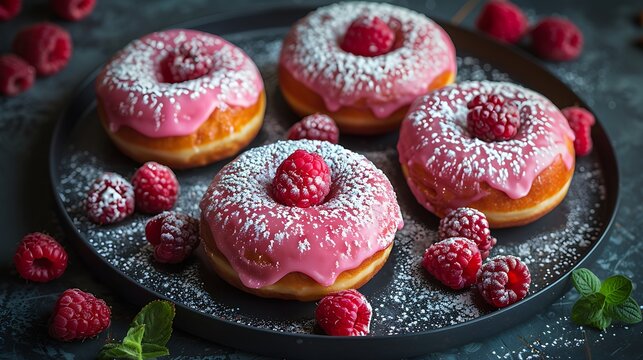A display of four ring donuts with pink icing and raspberries on a dark plate