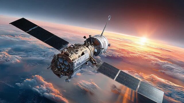 Celestial Explorer: A satellite, orbits above Earth, its solar panels catching the sunlight, showcasing humanity's ongoing pursuit of understanding and exploring space.