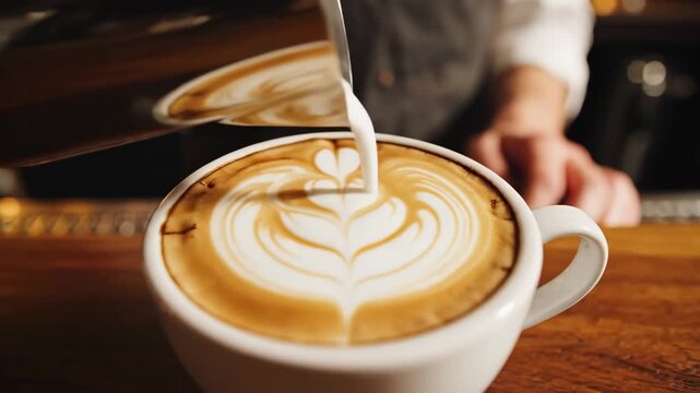 Latte Art Design A barista pouring milk to create a beautiful coffee design