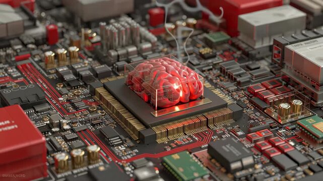 Futuristic circuit board showcases brain shaped processor emitting red glow, symbolizing advanced technology, artificial intelligence, and innovative