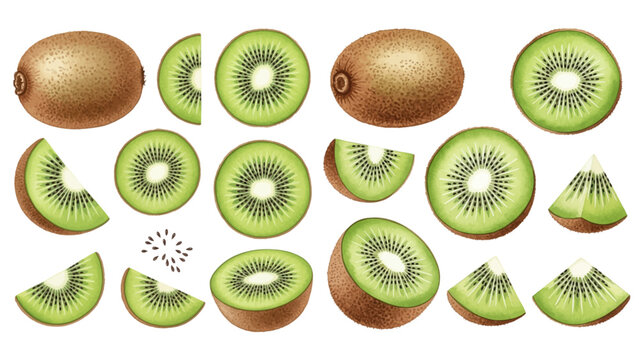 A vibrant collection of whole, halved, and sliced kiwi fruits, showcasing their brown skin and green flesh.