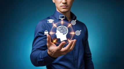 Man holding a light bulb with a brain inside and education and technology icons surrounding it, representing ideas and innovation