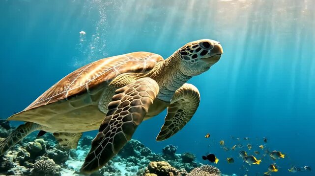 An inspiring underwater scene showcases the natural design of a magnificent sea turtle gliding through a sun-drenched aquatic ecosystem