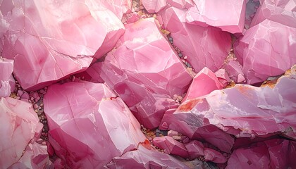 Close-up of large, jagged crystalline structures with varying pink shades and subtle shadows. Ground filled with small debris