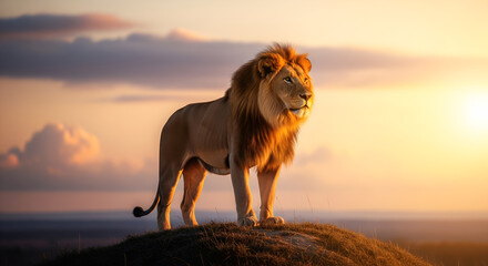 Majestic Lion Standing on a Hilltop at Golden Sunset in Safari