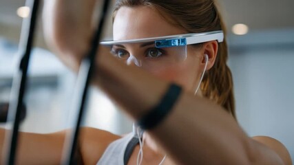 Tech-Enhanced Fitness: A woman concentrates on her workout, utilizing cutting-edge wearable technology to monitor and enhance her fitness regime. - Powered by Adobe
