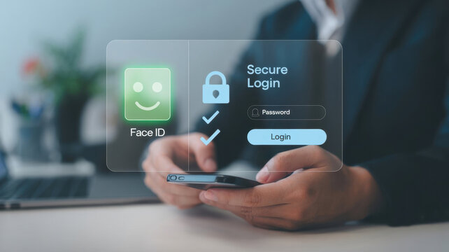 Person using a smartphone for secure login with facial recognition and password entry, illustrating digital security and authentication