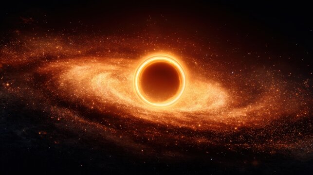 Black hole with glowing accretion disk in a spiral galaxy. Scientific illustration of a cosmic phenomenon and space exploration concept.