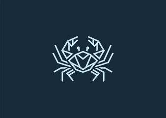A minimalist crab logo in elegant line art style, featuring clean symmetrical curves and sharp claws, symbolizing strength, balance, and resilience, designed as a creative modern vector concept