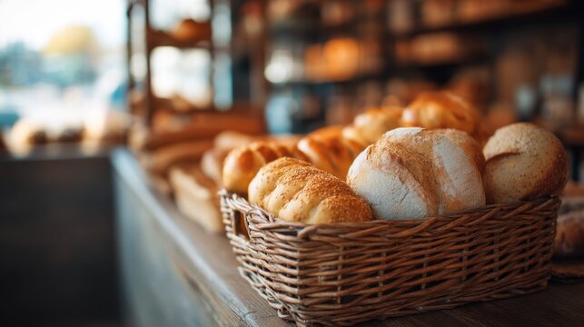 Freshly baked bread in a wicker basket on a wooden counter inside a bakery or cafe. Daily breakfast and homemade food concept.