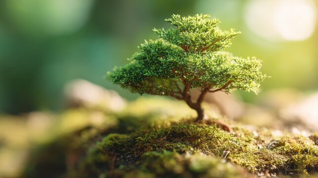 Small bonsai tree growing on a mossy ground. Nature and environmental conservation concept. Symbol of new life and growth.