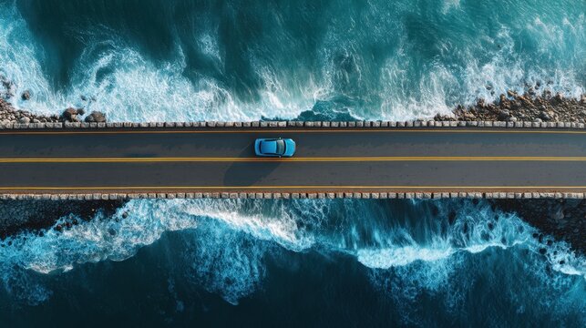 Blue car driving on a coastal road overlooking blue ocean waves. Travel and adventure concept for a summer vacation.