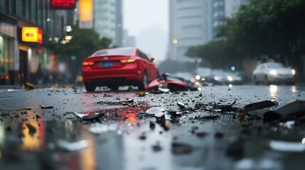 Car accident debris scattered on wet street. Road safety concept with car crash aftermath. Urban area traffic incident after heavy rain.