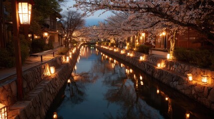 Traditional Japanese canal in a charming ancient city, beautifully lit with lanterns at dusk, soft sakura blossoms adorning the banks.