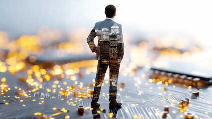 Visionary in the Digital Realm: A forward-thinking leader stands confidently within the intricate landscape of technology.