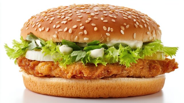 Crispy fried chicken sandwich with fresh lettuce, sliced onion, mayonnaise, and pickle on a sesame seed bun, a classic fast food item.