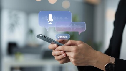 Person using a smartphone with a voice assistant interface, showing speech recognition and ai technology