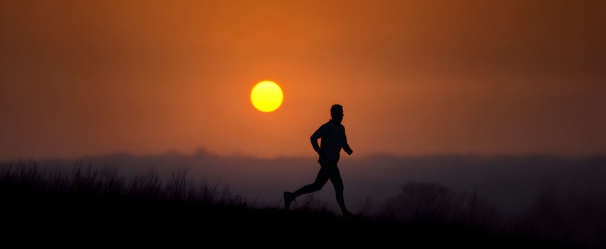 runner jogging along a path with the morning sun shining behind them - Powered by Adobe