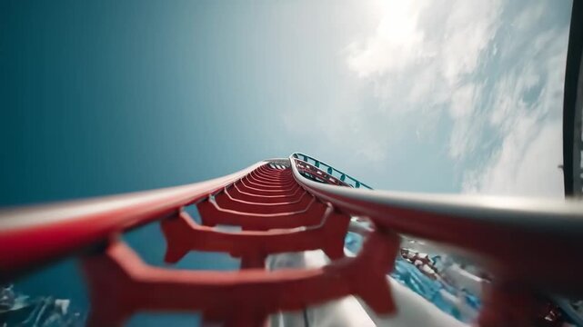 Roller coaster tracks twist upward against a blue sky at an amusement park during bright daylight hours