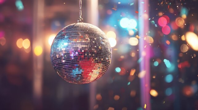 Hanging disco ball reflecting colorful lights with falling confetti. Vibrant party atmosphere for celebration, nightlife, or New Years Eve event.