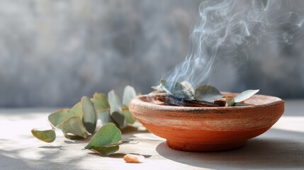 White smoke rising from burning Palo Santo wood in a rustic bowl. Spiritual cleansing, meditation, and aromatherapy concept.