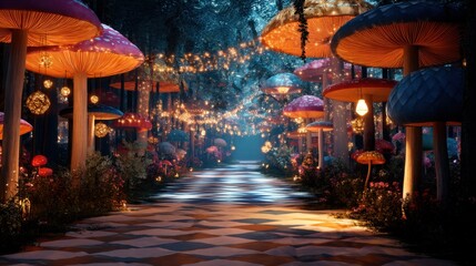 Enchanted forest path with large glowing mushrooms and string lights. Magical fairytale wonderland scene, fantasy illustration for story book.