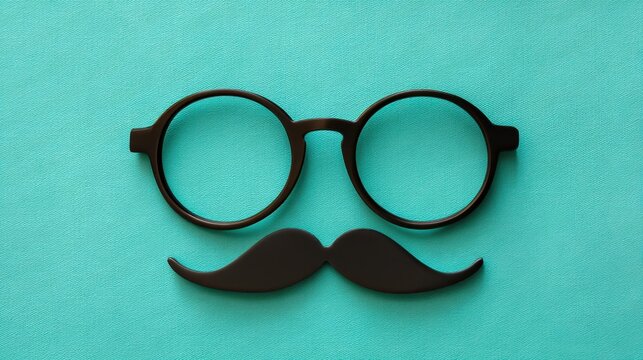 Black eyeglasses and a mustache against a turquoise background. Movember health awareness concept for men. Minimalist banner with copy space. - Powered by Adobe