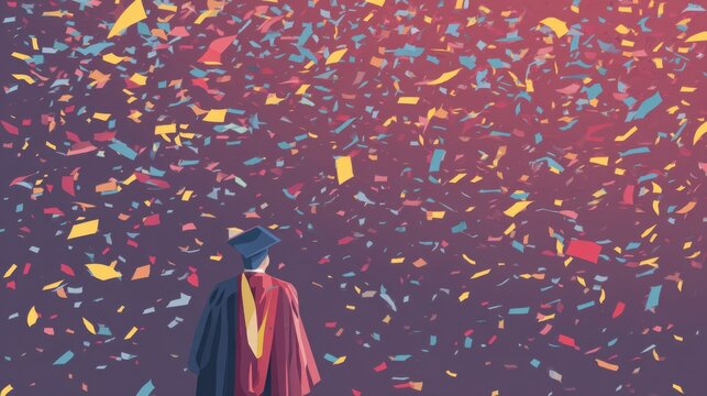 Graduate looking at colorful confetti falling from sky. Graduation ceremony, academic achievement, end of university educational journey. - Powered by Adobe