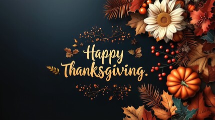 Elegant Happy Thanksgiving Design with Pumpkin, Sunflower & Golden Typography – Ideal for Holiday Marketing, Greeting Cards & E-commerce
