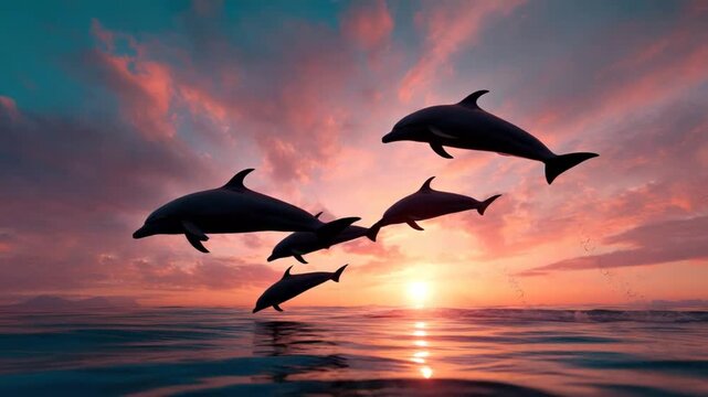Silhouetted dolphins leap over water against a dramatic sunset sky