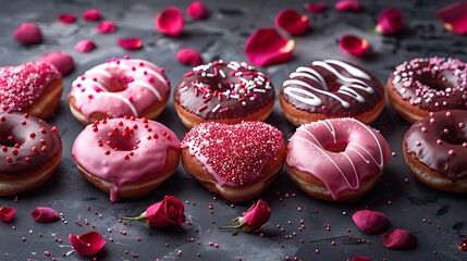 An assortment of donuts with pink and brown frosting and rose petals scattered around