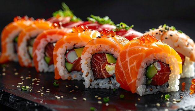 Close-up view of sushi rolls with varying toppings, showcasing the fresh, colorful ingredients against a black background