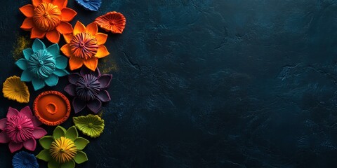  Colorful clay diya lamps with flowers on dark background.
