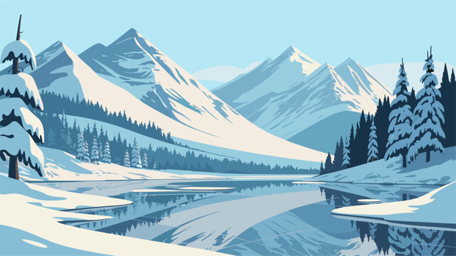 Vector winter landscape with snow-covered mountains, reflective lake, and snow-laden evergreen trees in cool blue tones. Minimalist, serene, and perfect for seasonal designs