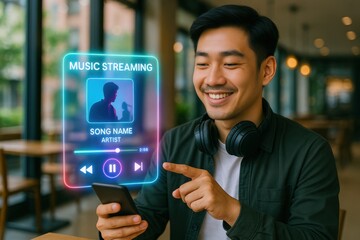 Engaging music streaming experience coffee shop digital interaction modern environment close-up view enjoyment and entertainment