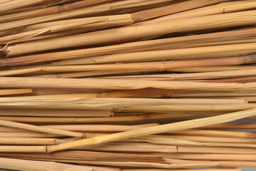 A close-up, horizontal view of a densely layered and textured background composed entirely of dry, light-brown straw or hay stalks