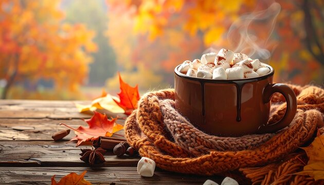 Cozy autumn scene - Hot chocolate with marshmallows and fall foliage. - Powered by Adobe